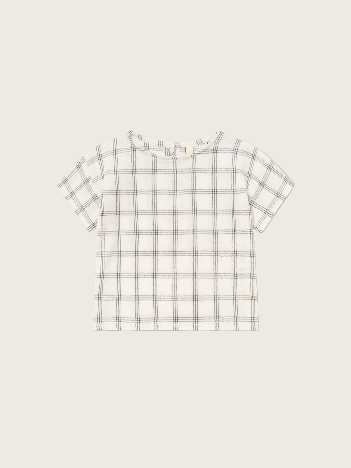baby & toddler muslin boxy white t-shirt with navy window check print, keyhole with button & loop