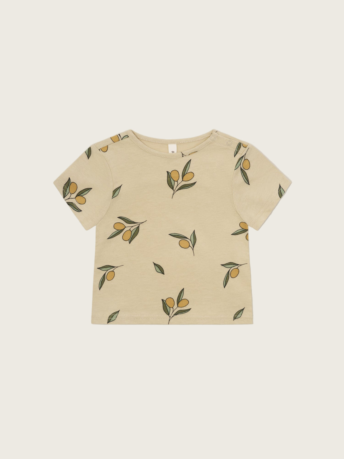 baby organic cotton crew neck classic t-shirt in cream with olive print & shoulder poppers