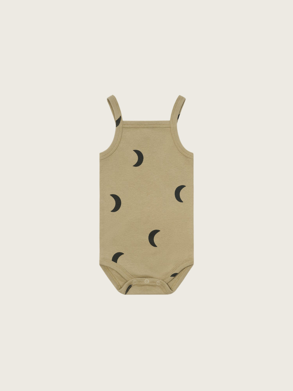 baby dusky beige organic ribbed cotton tank bodysuit with black moon print & crotch poppers