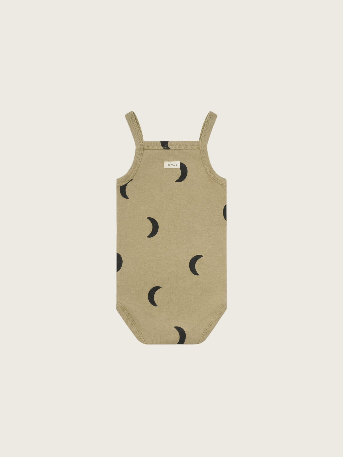 baby dusky beige organic ribbed cotton tank bodysuit with black moon print & crotch poppers
