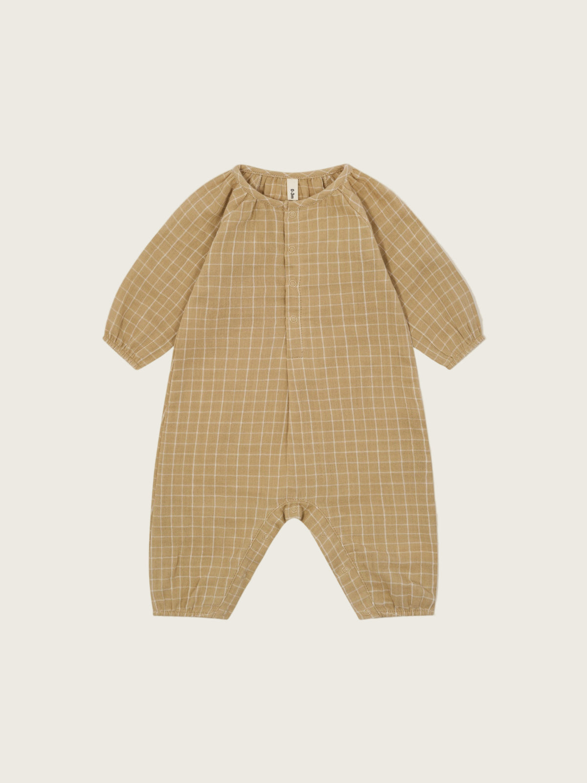 baby wheat gold grid check organic muslin onesie with gathered neckline & cuffs, front & crotch poppers
