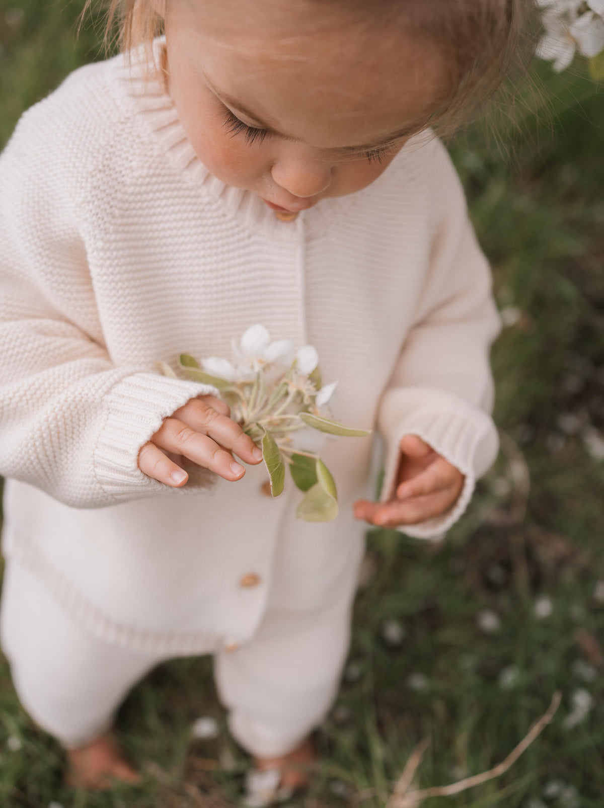 toddler wearing cream undyed cotton knitted cardigan outdoors holding bunch of white flowers