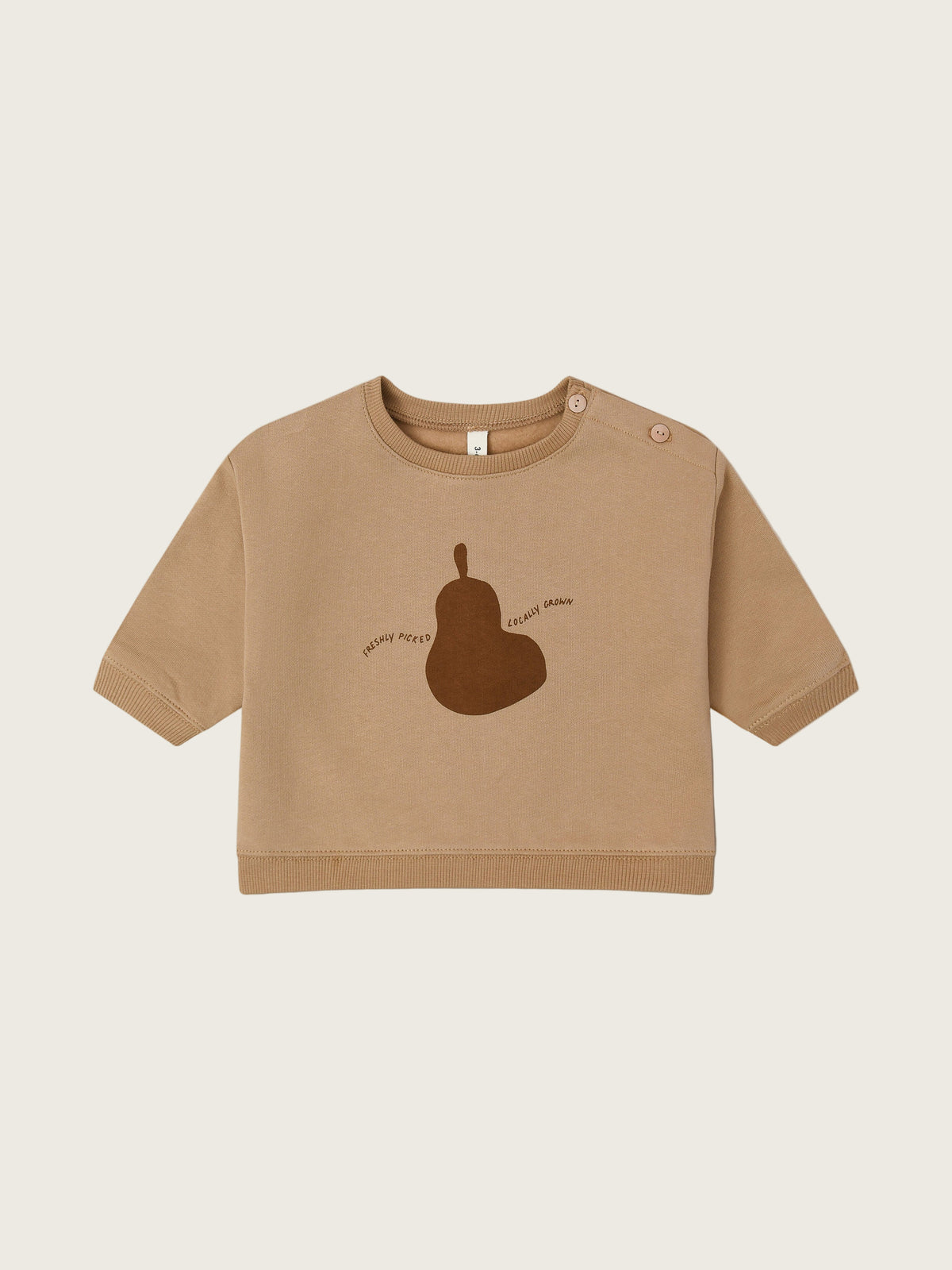 baby terry cotton sweatshirt in brown with pear FRESHLY PICKED LOCALLY GROWN text & buttons on left shoulder