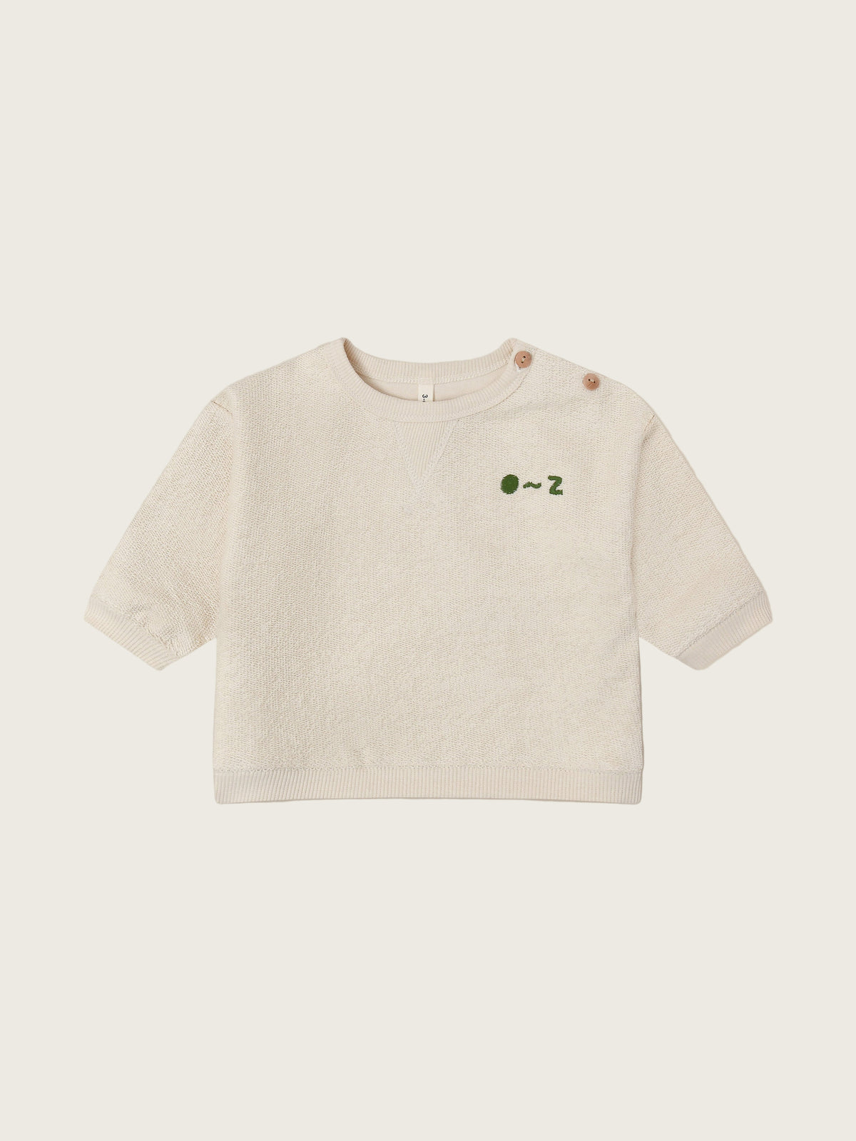 baby cream undyed cotton sweatshirt with O ~ Z embroidered in green with buttons on shoulder