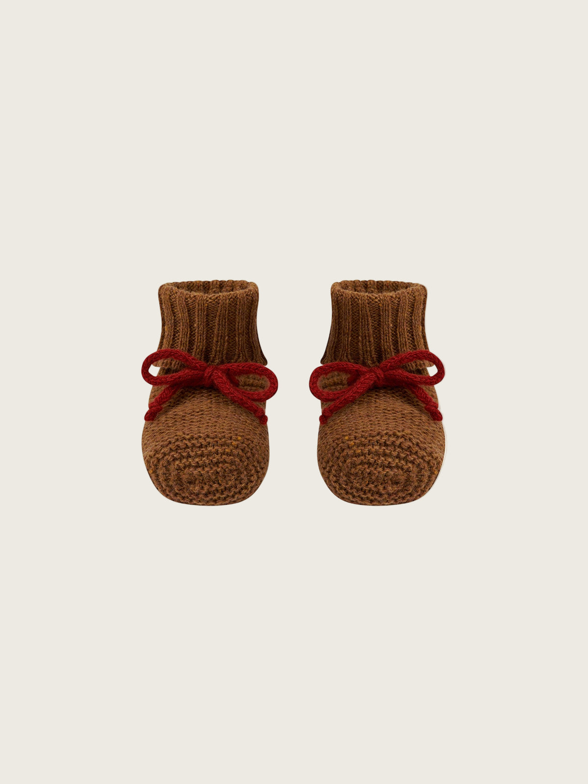 baby and toddler wool booties in chestnut brown with ribbed cuffs and red ribbons
