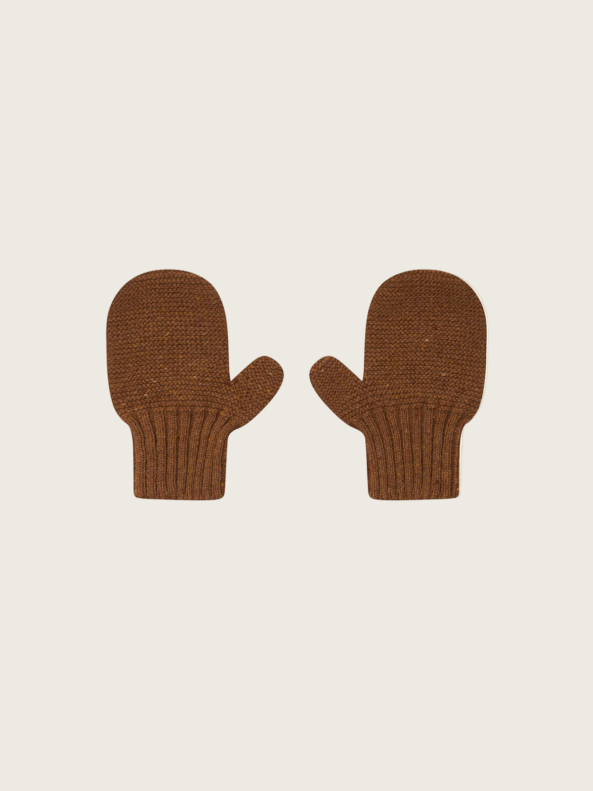 baby and toddler knitted wool mittens in chestnut brown with ribbed cuffs
