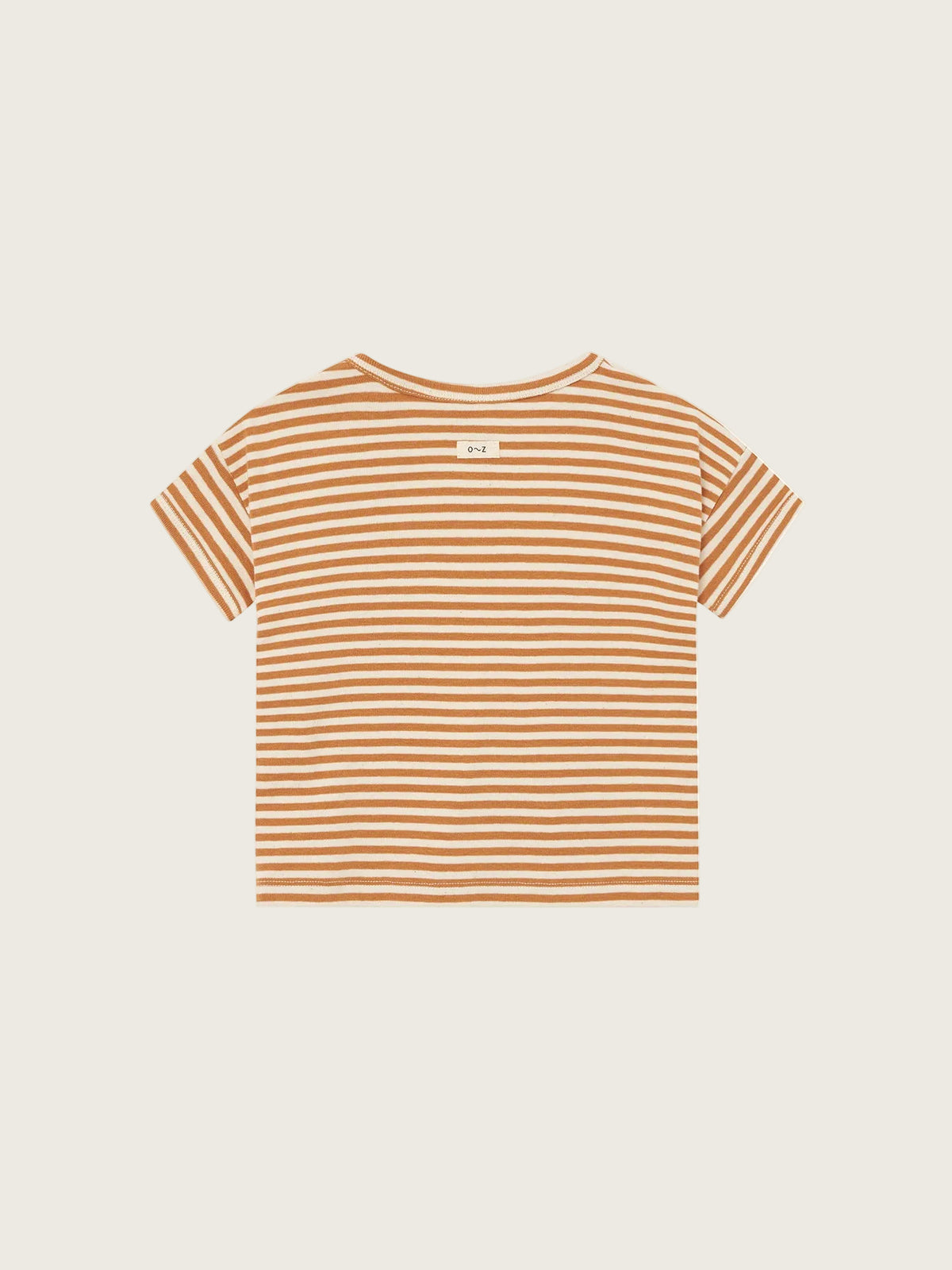 Striped t-shirt with a brand logo on the back against a white background