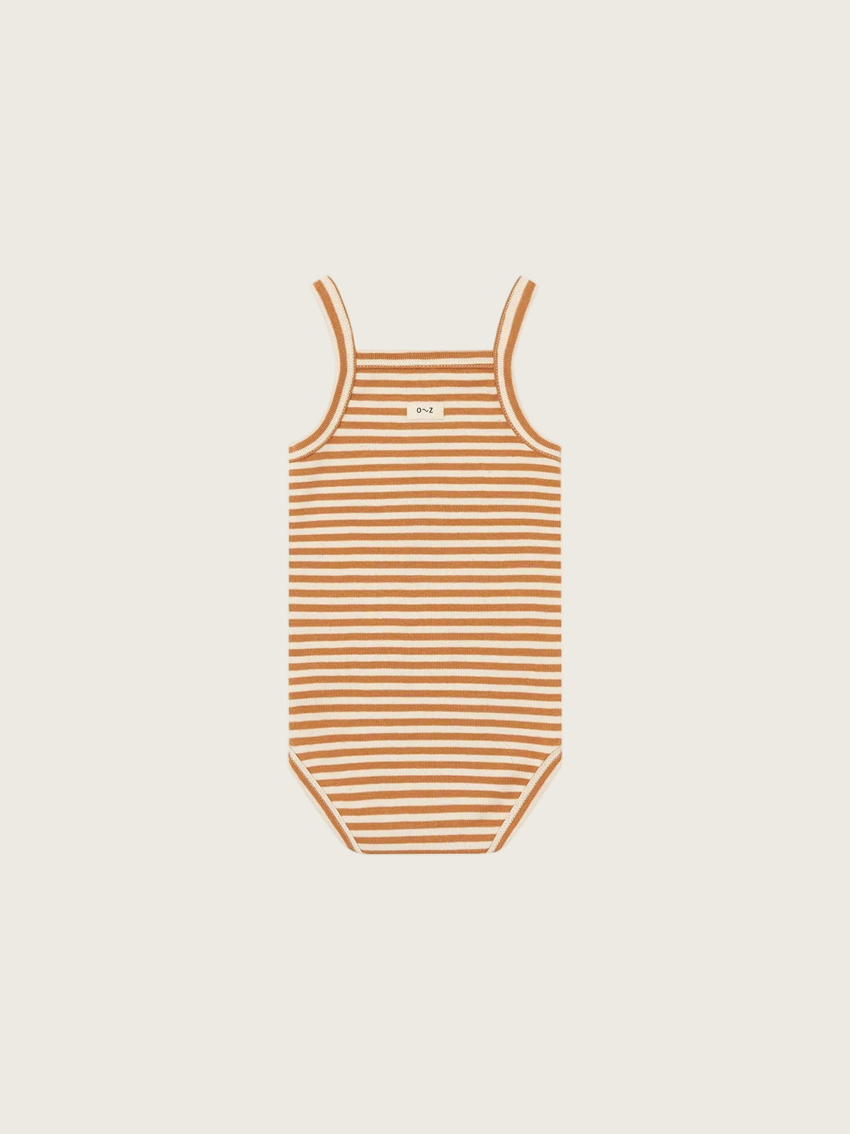 Striped bodysuit with copper and white pattern on a white background