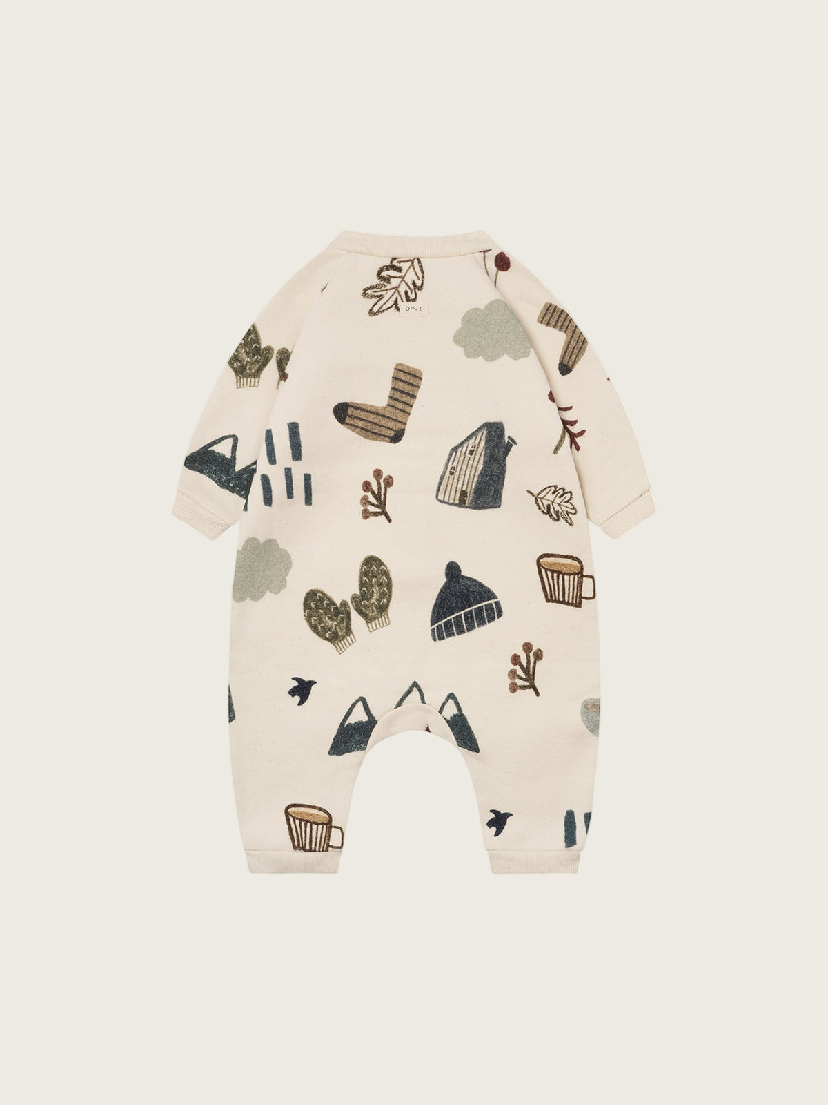 baby and toddler cream undyed cotton onesie with cosy nature-themed graphics of mountains and cabin