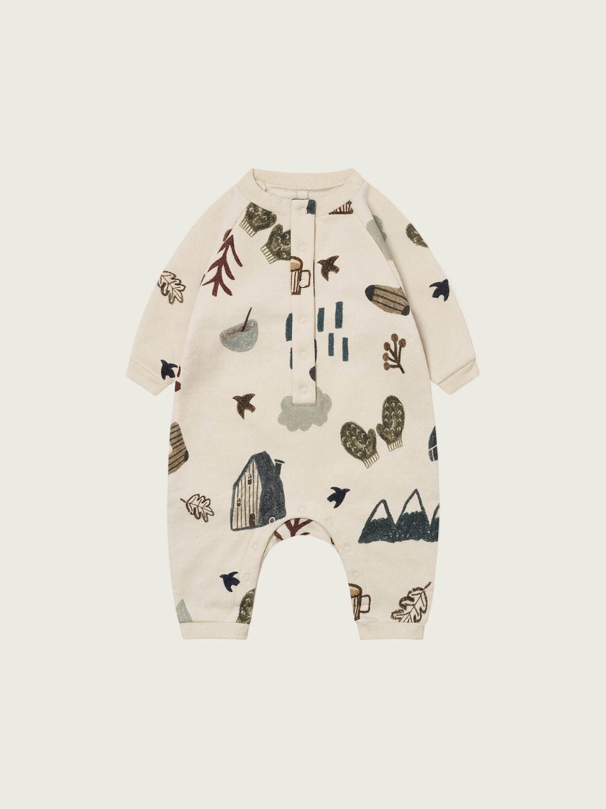 baby and toddler cream undyed cotton onesie with cosy nature-themed graphics of mountains and cabin