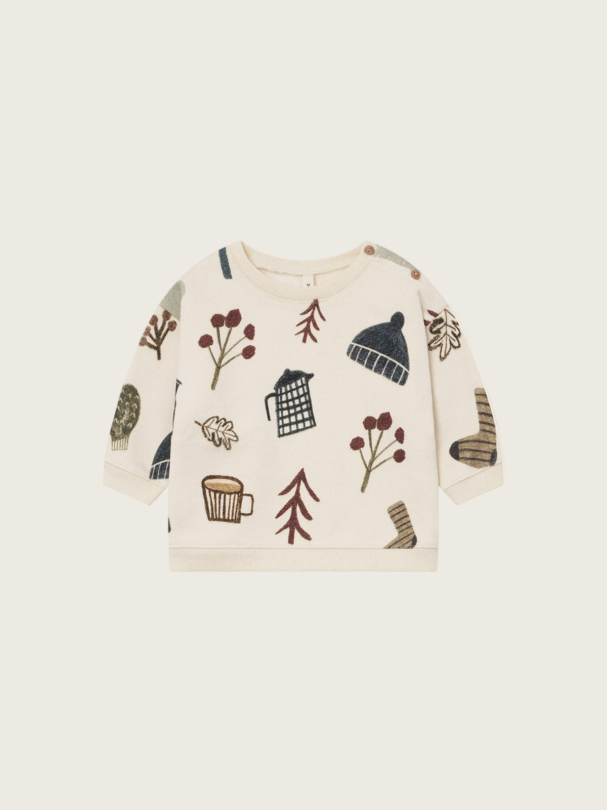 baby cream undyed cotton sweatshirt with shoulder buttons, and nature-themed graphics of trees and leaves