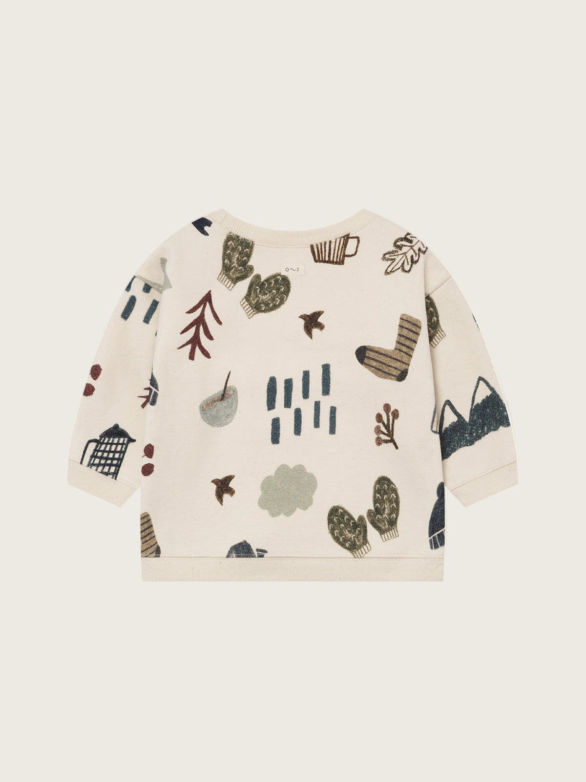toddler cream undyed cotton sweatshirt with cosy nature-themed graphics of mountains, trees, and birds