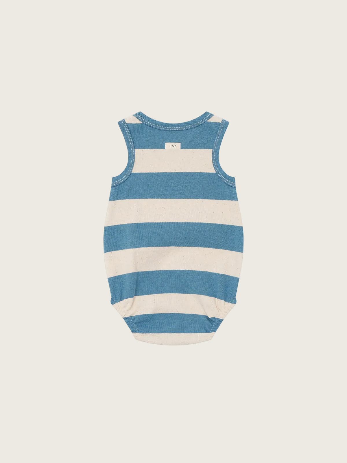 Blue and white striped baby onesie on a white background