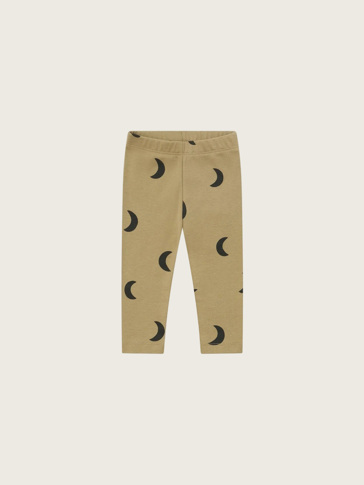 Beige leggings with a black crescent moon pattern, displayed flat against a solid white background.