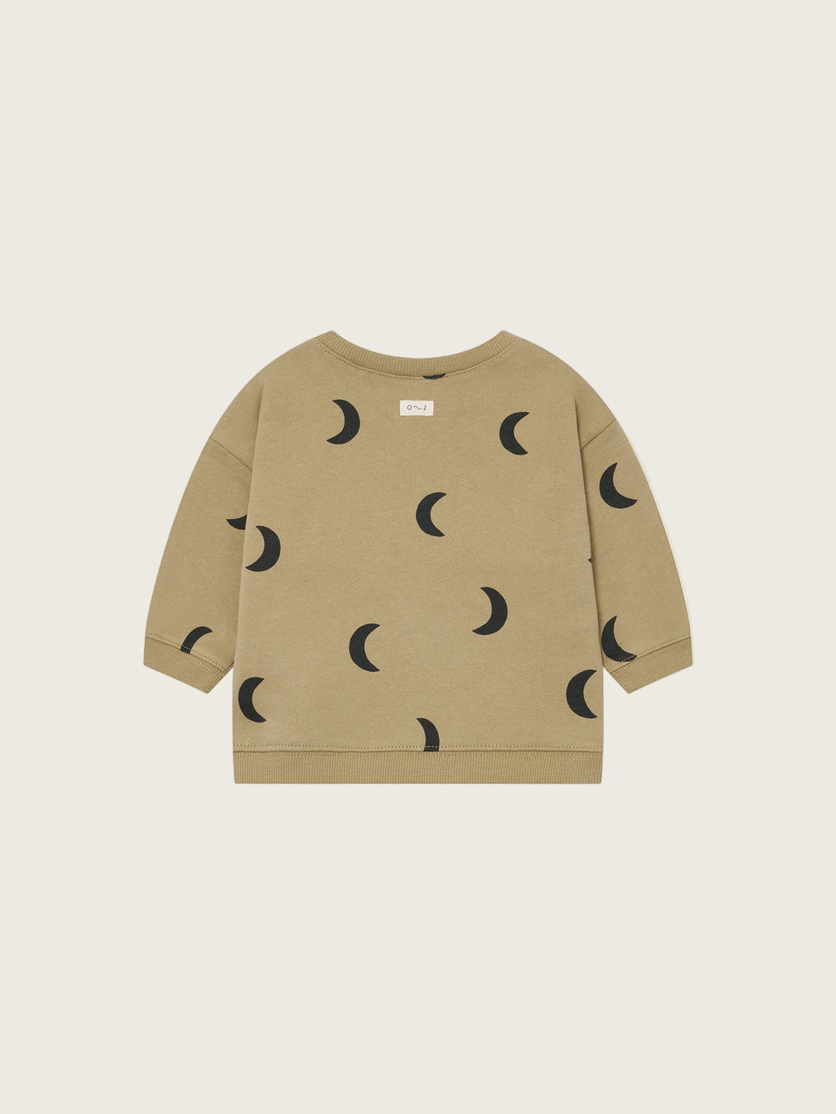 baby dusky beige organic cotton boxy sweatshirt with black crescent moon print and shoulder buttons