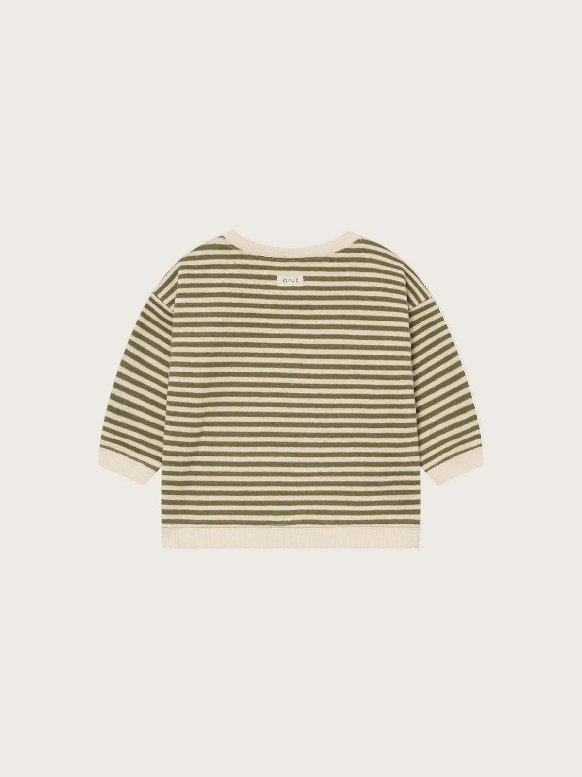 baby organic cotton sweatshirt in green and white stripes with two shoulder buttons