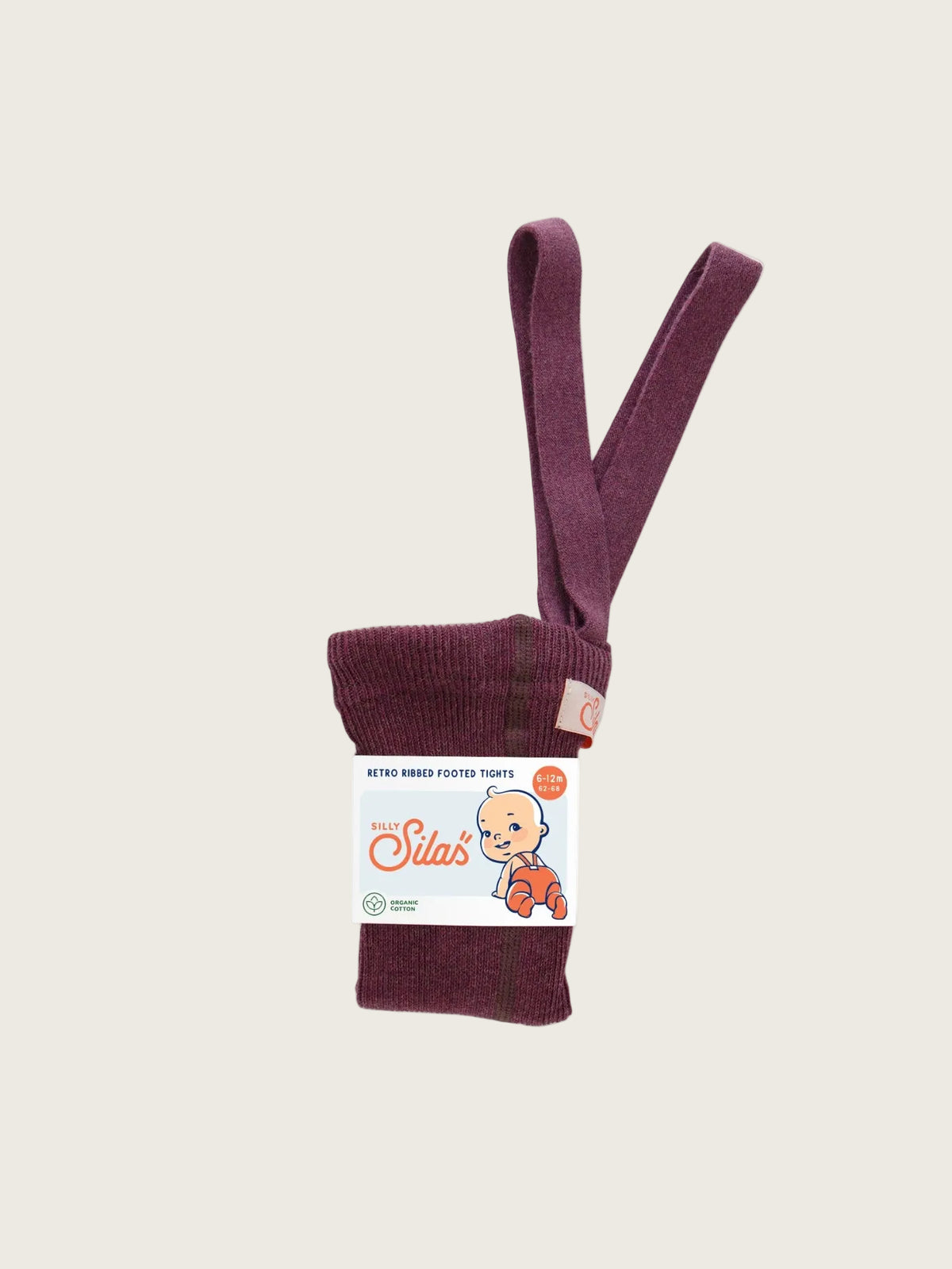 A pair of Silly Sila's brand knit baby footies in a deep burgundy/maroon color, folded and packaged with a white paper label featuring the Sula's logo.