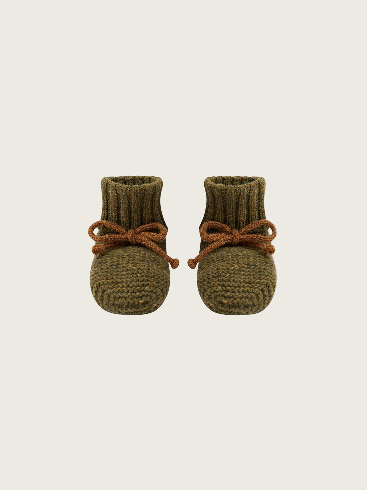 baby and toddler wool booties in forest green with ribbed cuffs and brown ribbons