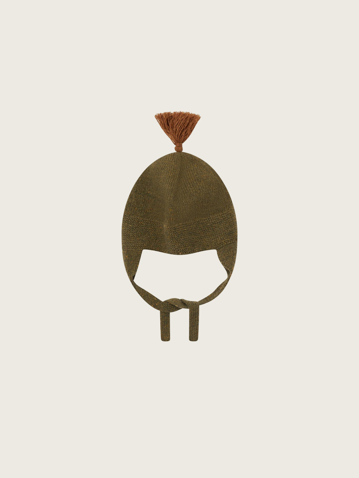 baby and toddler wool hat in forest green with brown tassel and chin tie