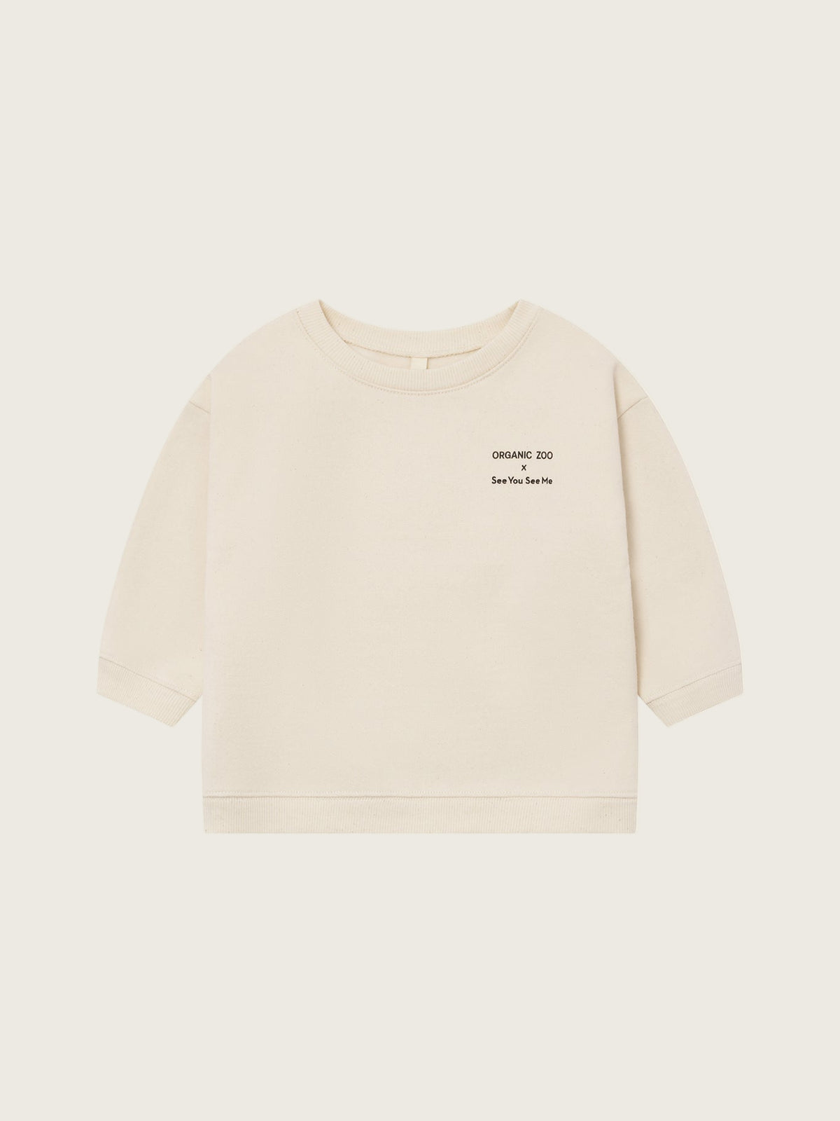 toddler cream undyed cotton sweatshirt with ORGANIC ZOO x See You See Me logo on the front