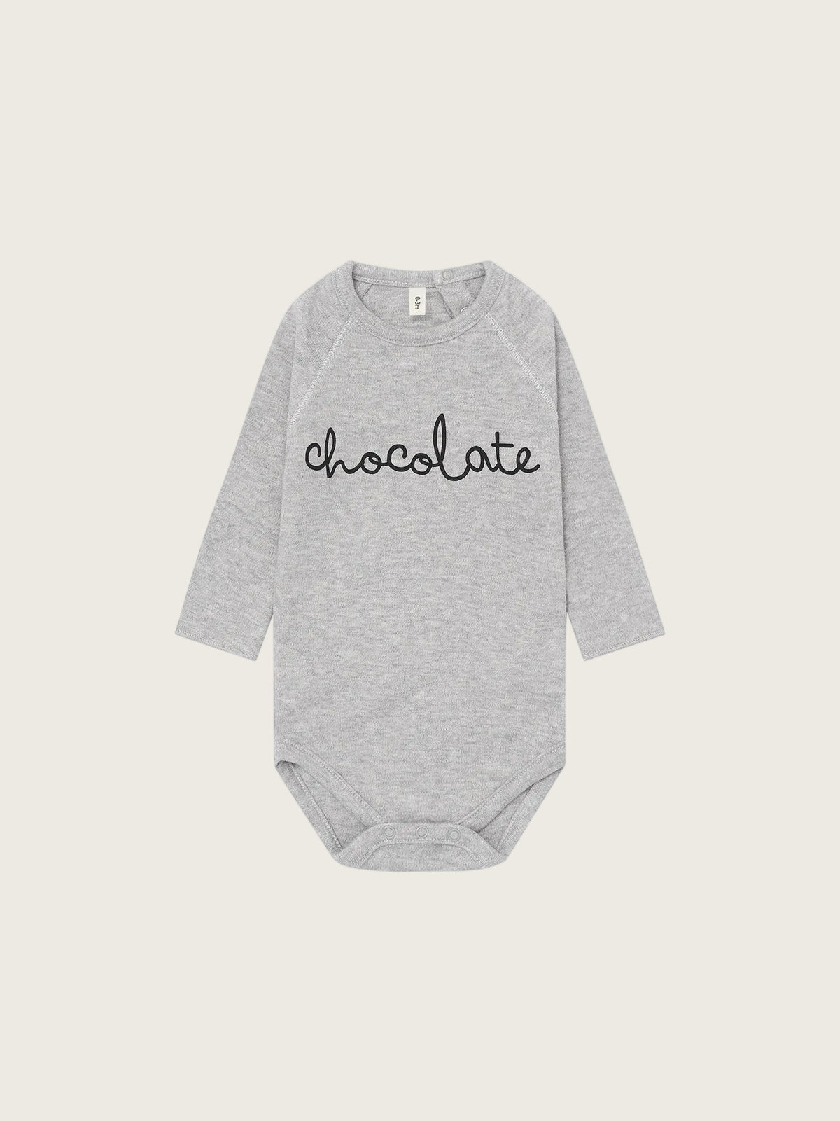 Gray baby onesie with 'chocolate' text on a white background