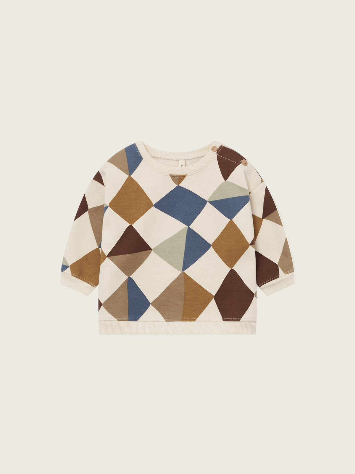 baby cream undyed cotton sweatshirt with multicolour geometric patchwork print and shoulder buttons