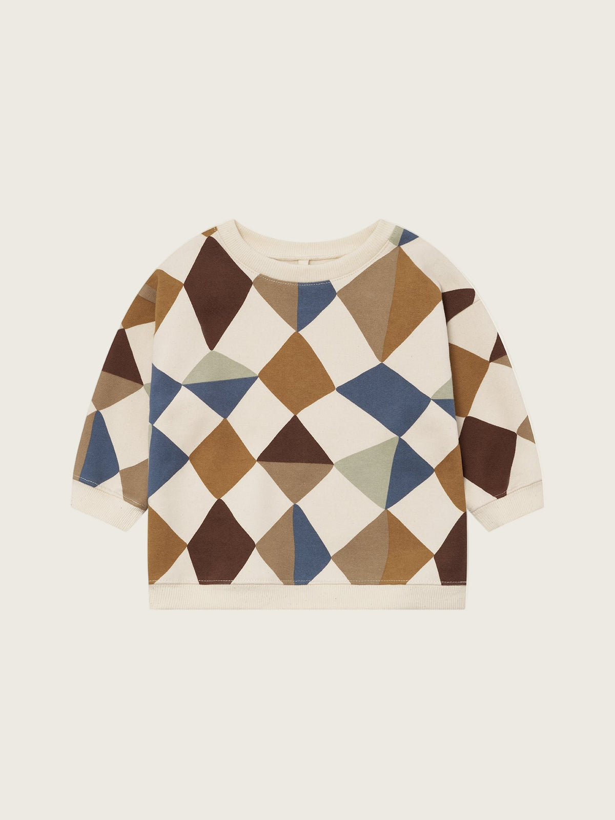 toddler cream undyed cotton sweatshirt with multicolour geometric patchwork diamond print