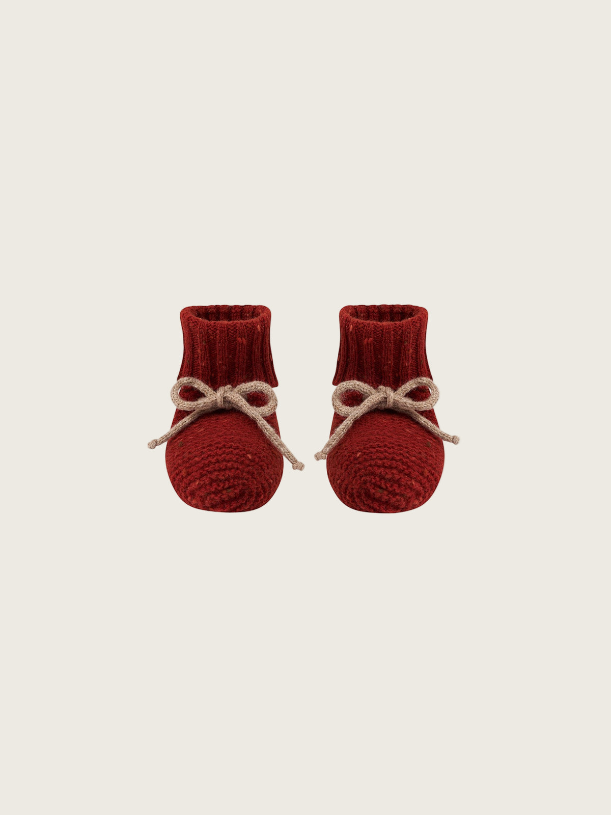 baby and toddler wool booties in paprika red with ribbed cuffs and beige ribbons