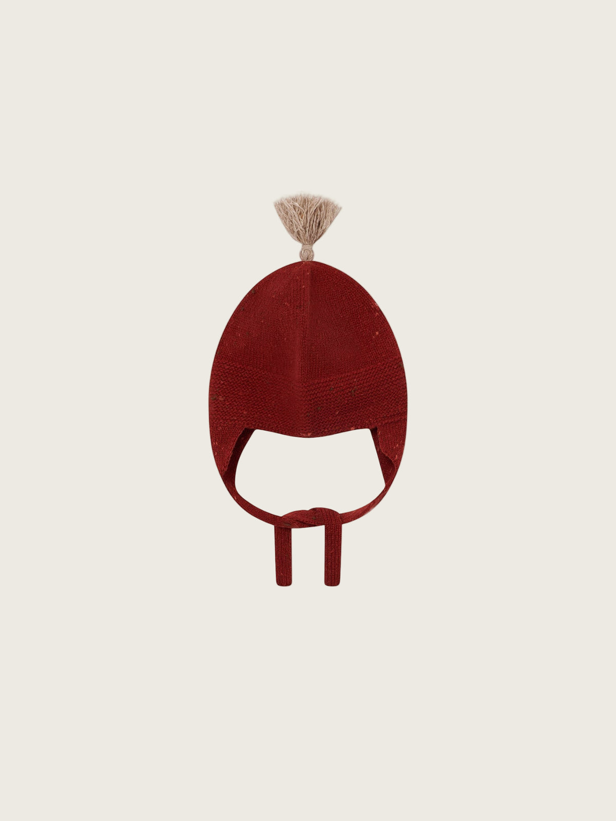 baby and toddler wool hat in paprika red with oatmeal tassel and chin tie