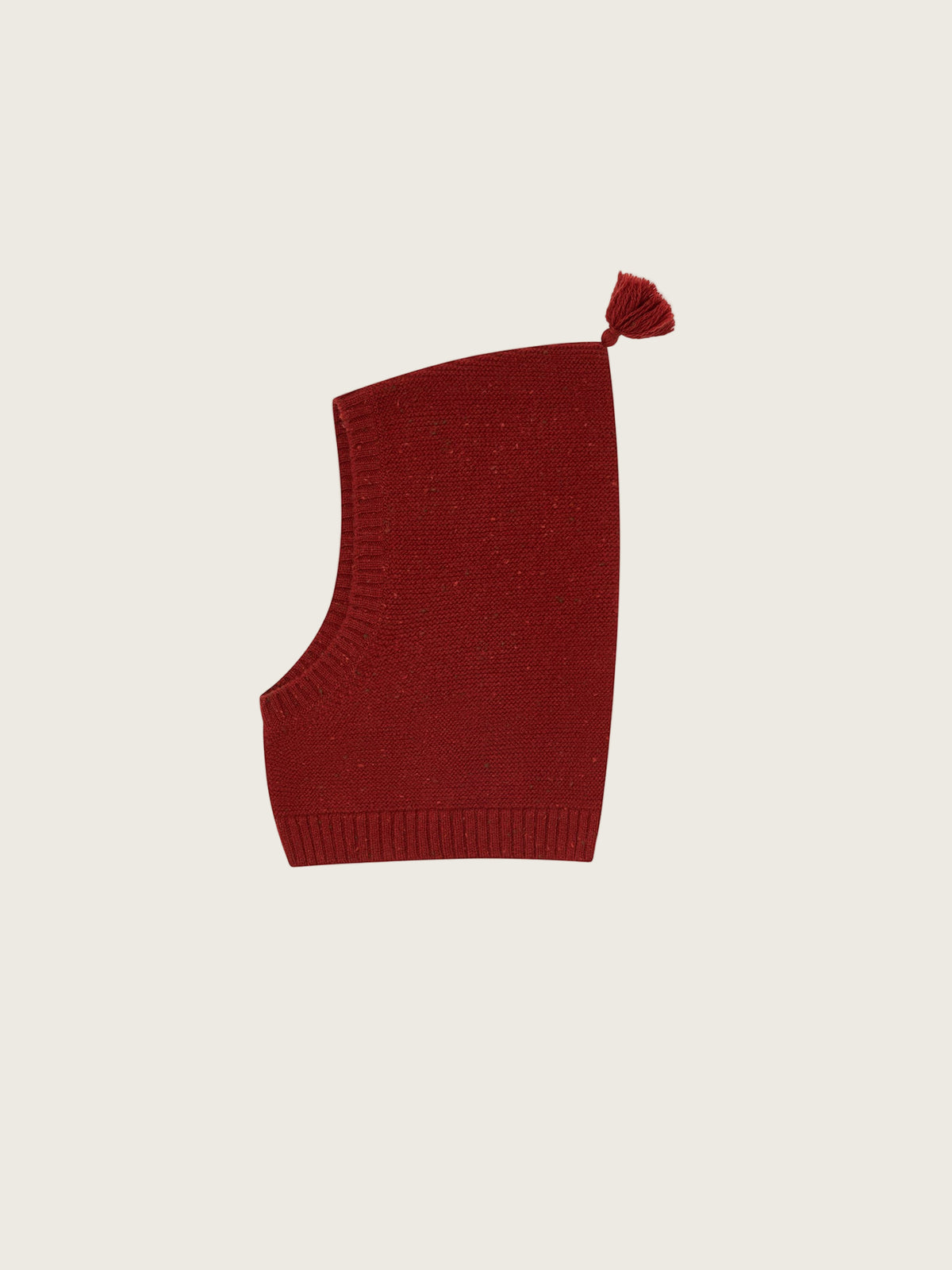 toddler paprika red wool knitted balaclava with ribbed trim and tassel