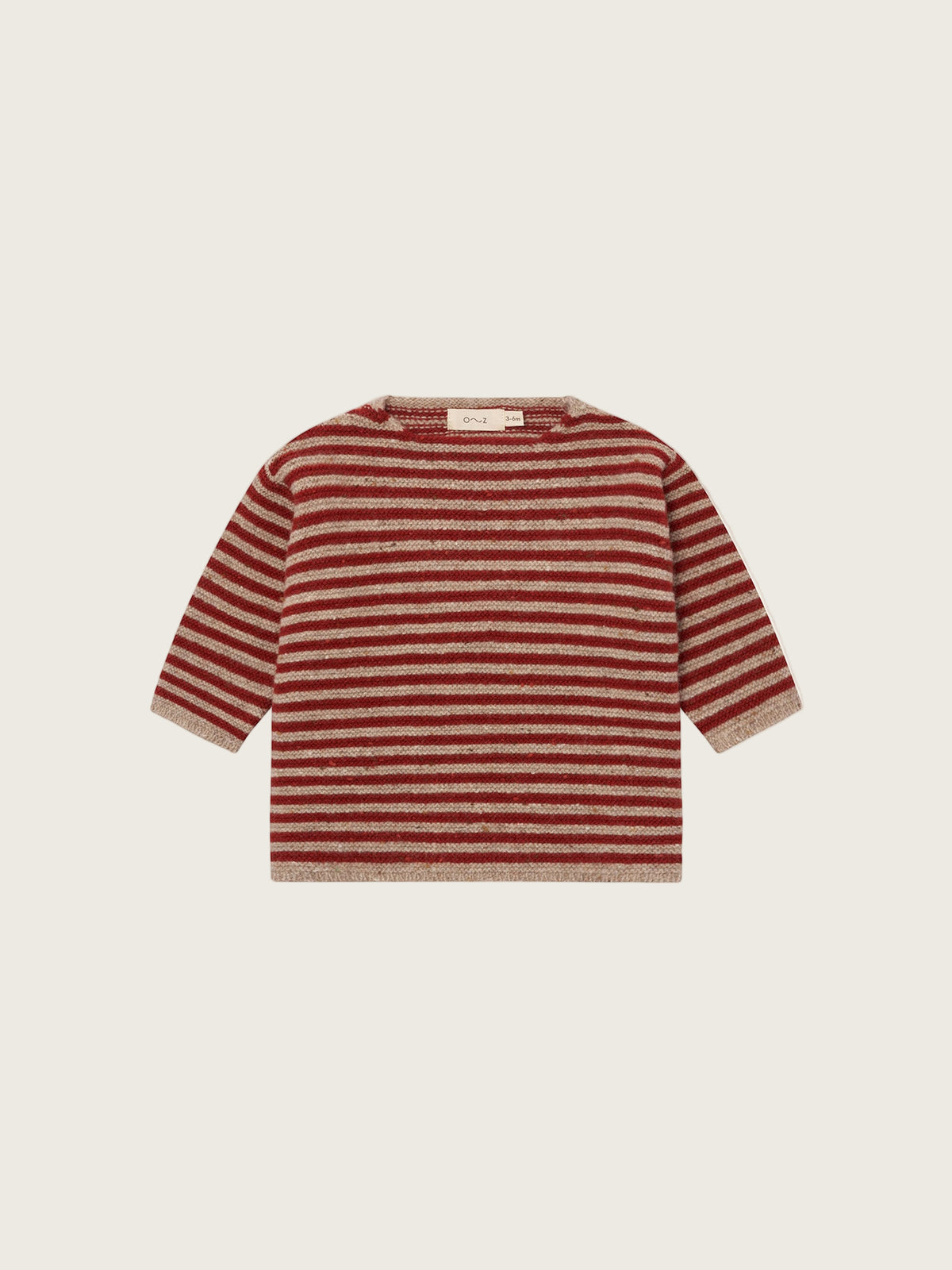 baby and toddler beige wool boat neck jumper with paprika red stripes