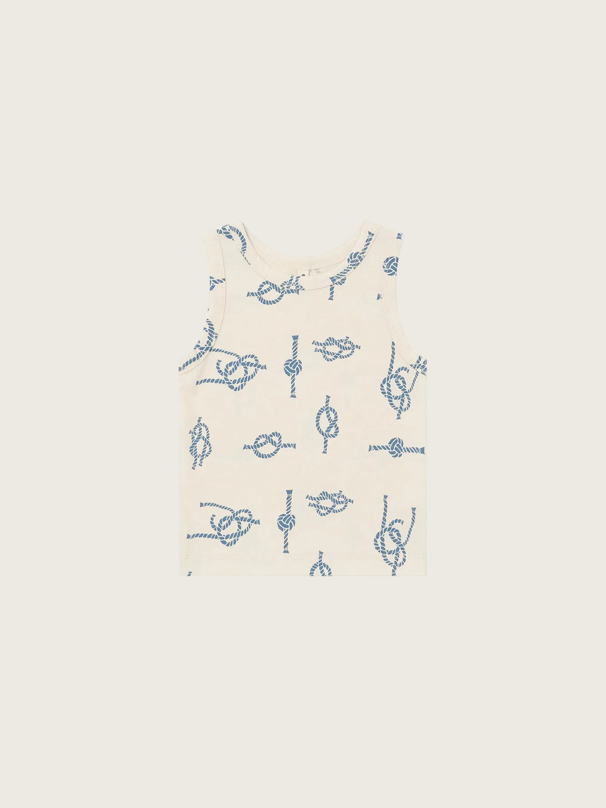 Beige tank top with blue knot pattern on a white background
