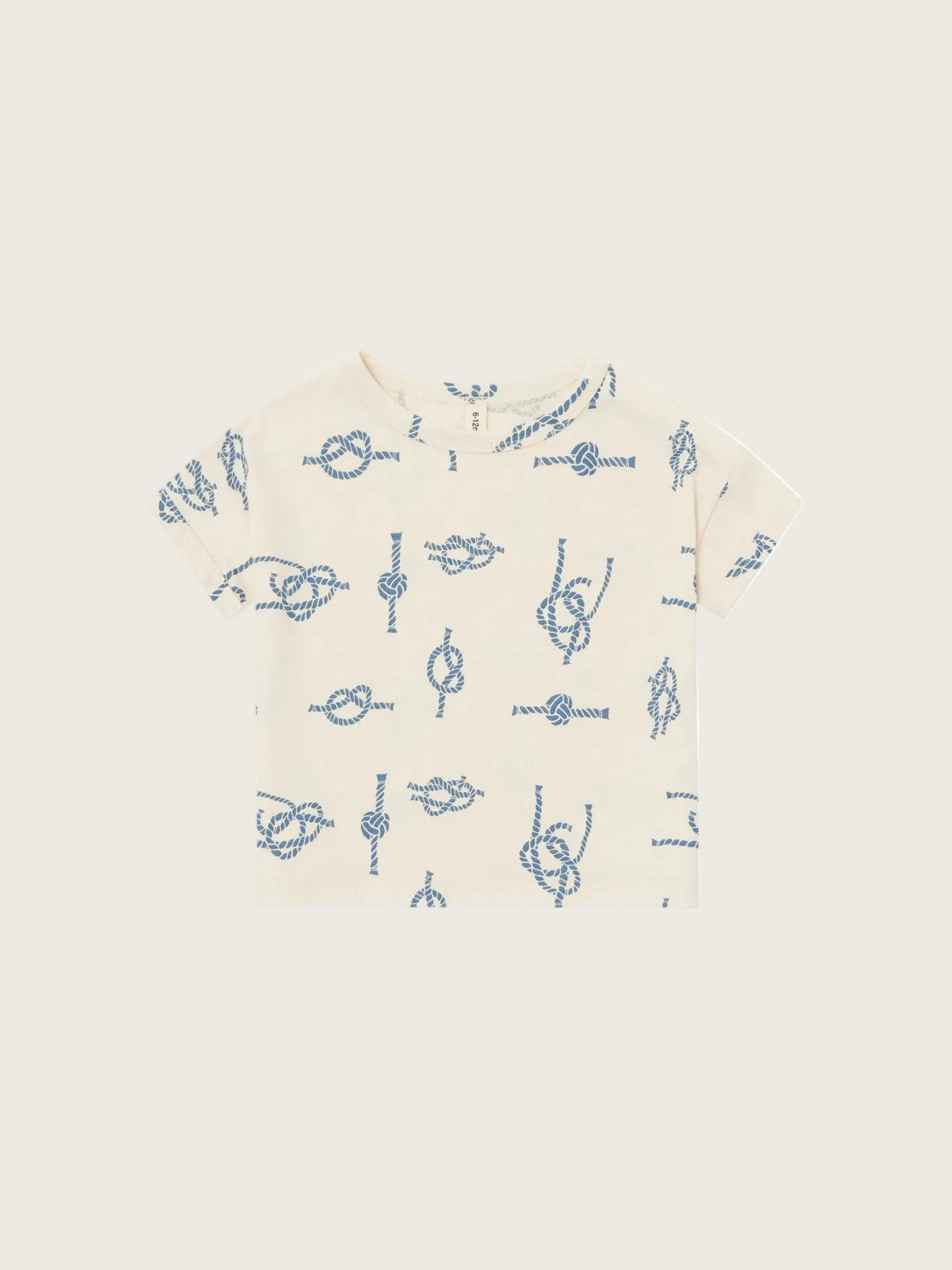 Beige t-shirt with blue knot pattern on a white background