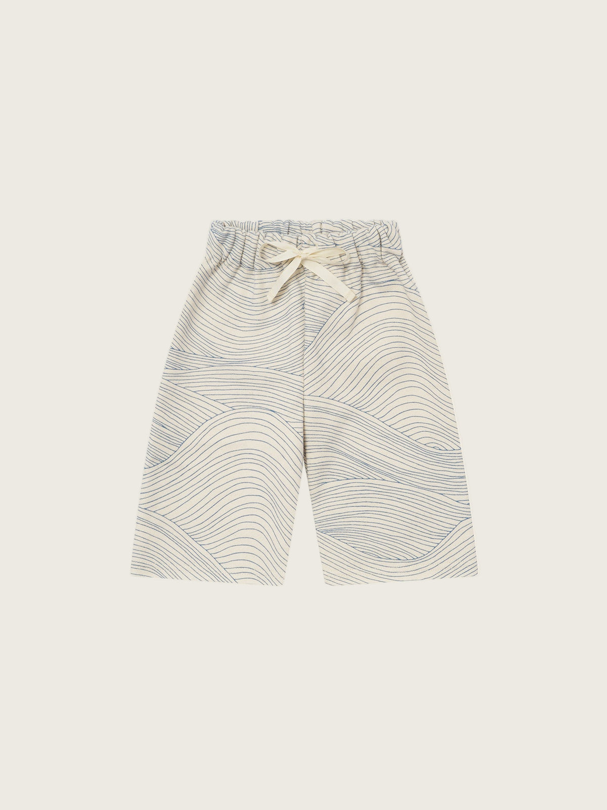 baby and toddler cream undyed cotton wide leg drawstring pants with blue line-drawn ocean waves
