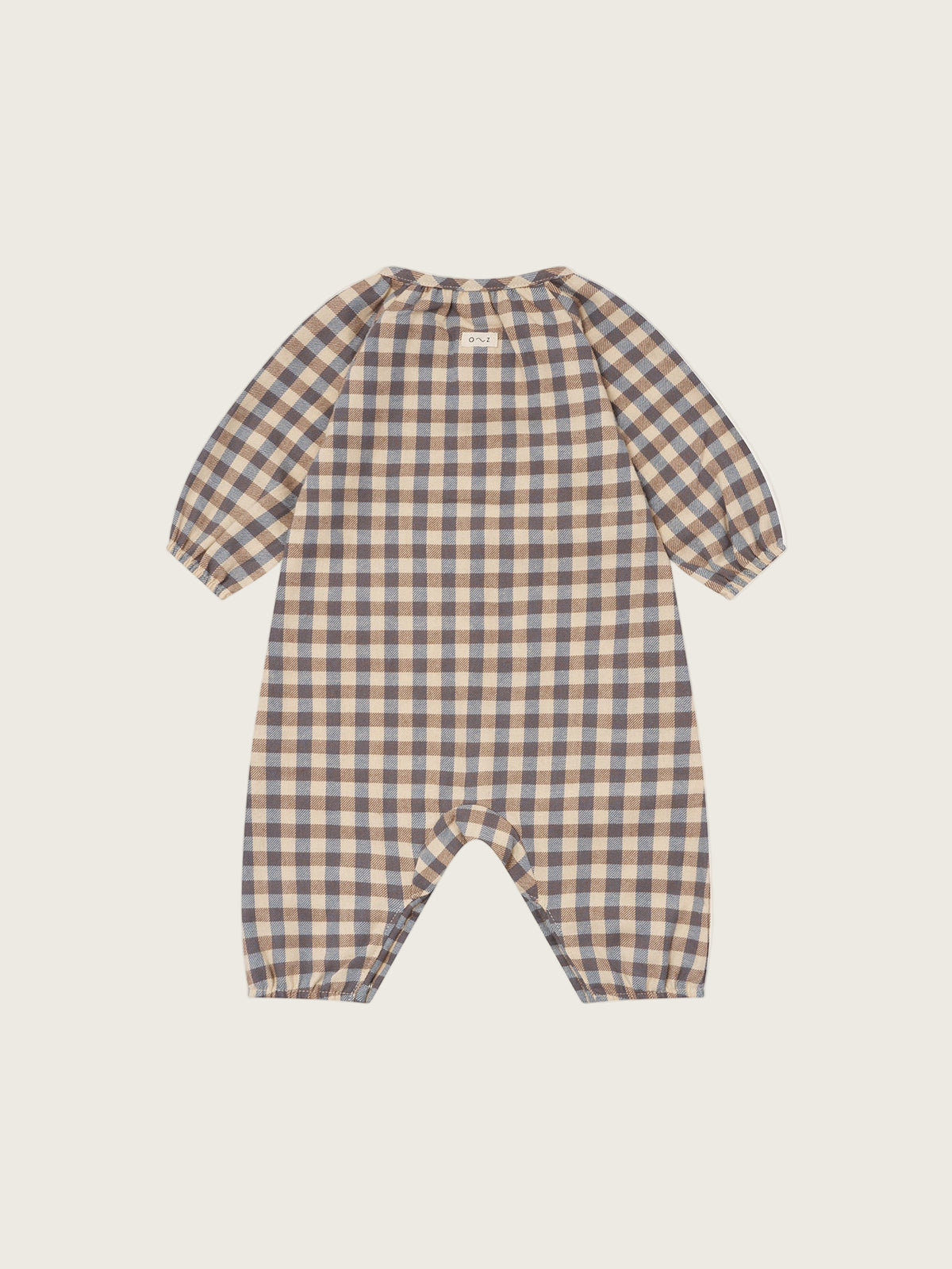 baby and toddler checkered cream and blue gingham flannel onesie with gathered cuffs and crotch poppers