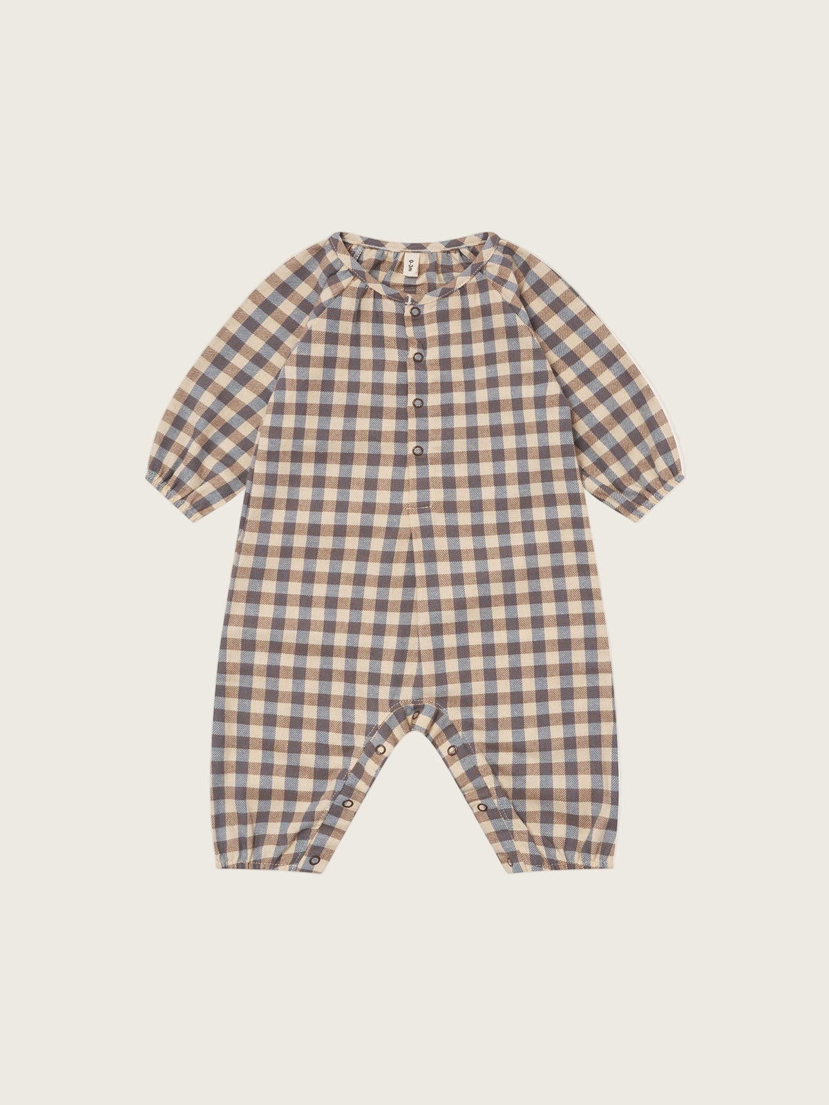 baby and toddler checkered cream and blue gingham flannel onesie with gathered cuffs and crotch poppers