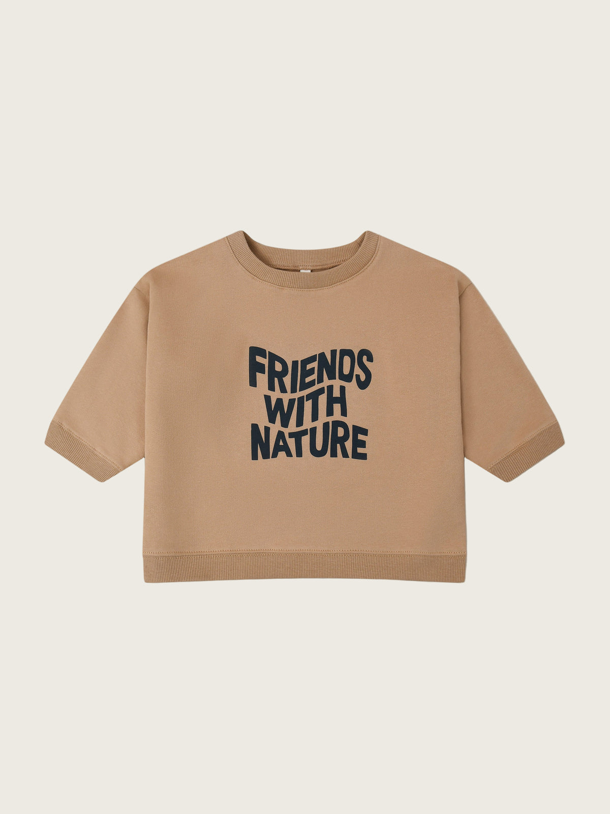 toddler brown sweater with FRIENDS WITH NATURE in wavy text across the front