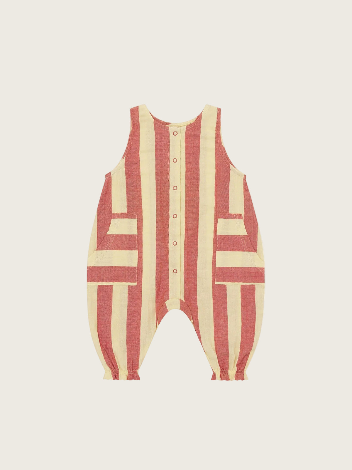 Striped jumpsuit with red and beige pattern on a white background