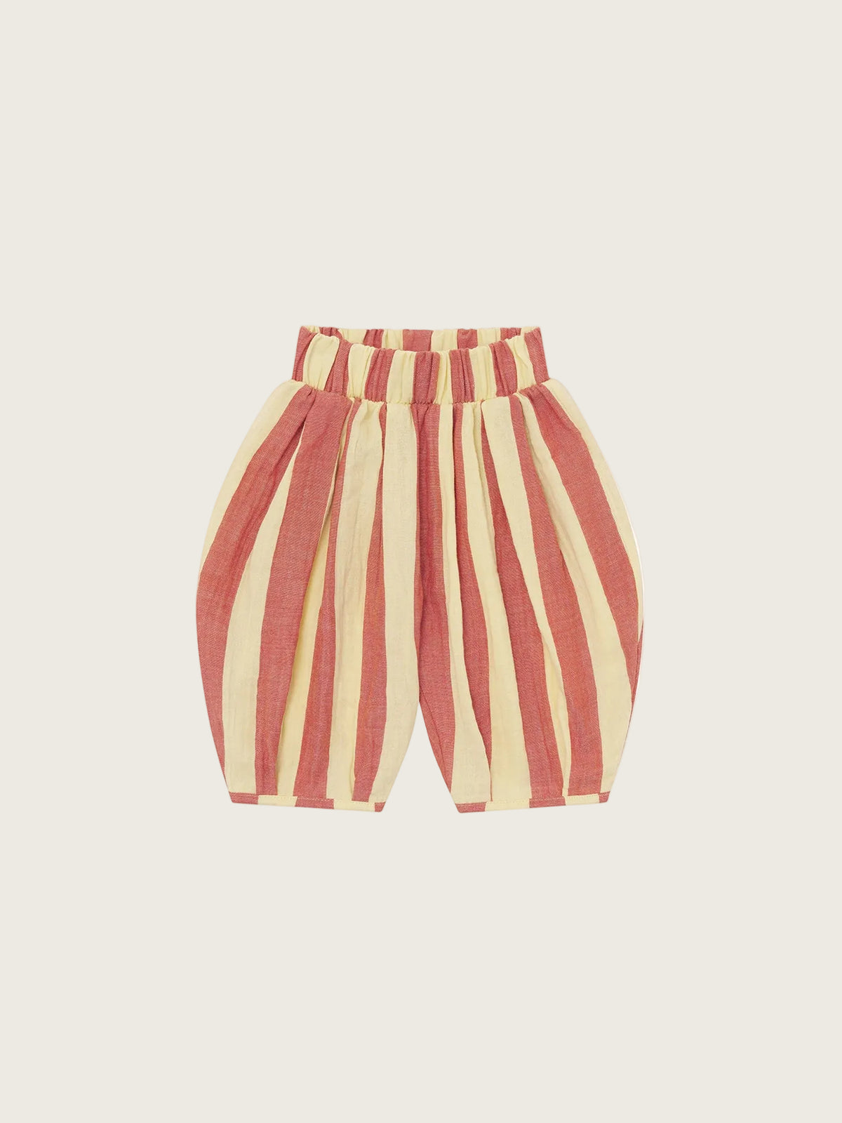 Red and beige striped shorts on a white background