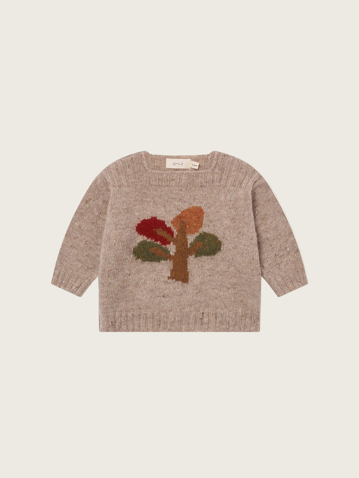 baby & toddler beige wool jumper with square neck, ribbed trim & tree motif in red, orange, green