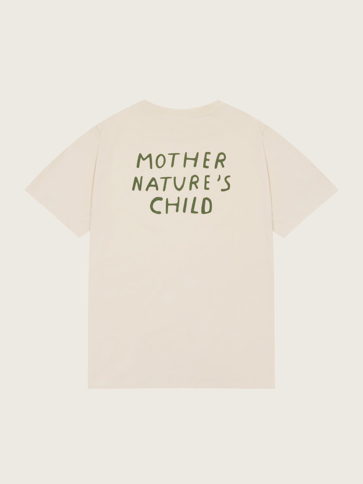 Beige t-shirt with 'MOTHER NATURE'S CHILD' text on a white background