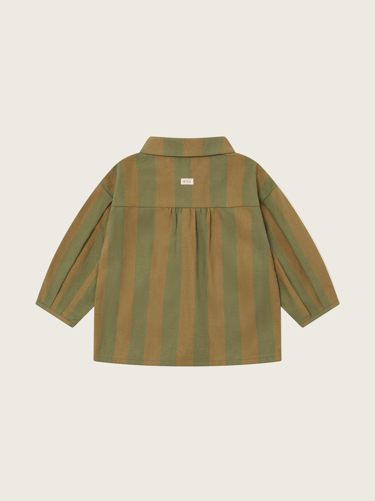 baby & toddler stripes lodge shirt in cream & green with peter pan collar, patch pockets & balloon sleeves
